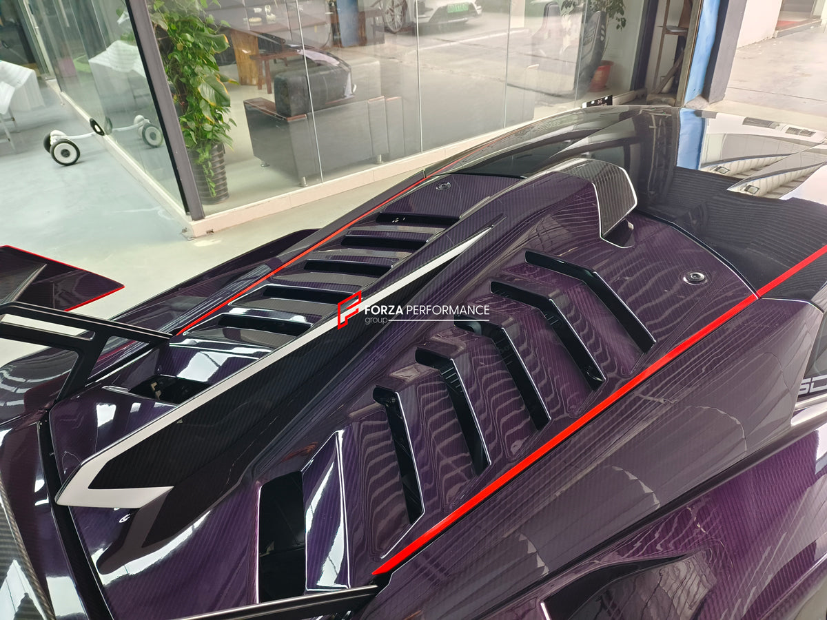 CONVERSION DRY CARBON BODY KIT for LAMBORGHINI HURACAN to HURACAN STO  Set includes: Front bumper Front hood Front hood trunk Side fenders Rear Bumper Rear Fenders Rear hood with Air intake Rear Spoiler Exhaust system Door panels (for an extra cost) Mirror cover (for an extra cost)