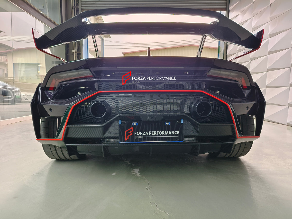 CONVERSION DRY CARBON BODY KIT for LAMBORGHINI HURACAN to HURACAN STO  Set includes: Front bumper Front hood Front hood trunk Side fenders Rear Bumper Rear Fenders Rear hood with Air intake Rear Spoiler Exhaust system Door panels (for an extra cost) Mirror cover (for an extra cost)