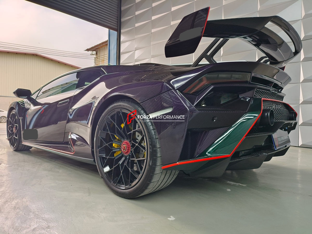 CONVERSION DRY CARBON BODY KIT for LAMBORGHINI HURACAN to HURACAN STO  Set includes: Front bumper Front hood Front hood trunk Side fenders Rear Bumper Rear Fenders Rear hood with Air intake Rear Spoiler Exhaust system Door panels (for an extra cost) Mirror cover (for an extra cost)