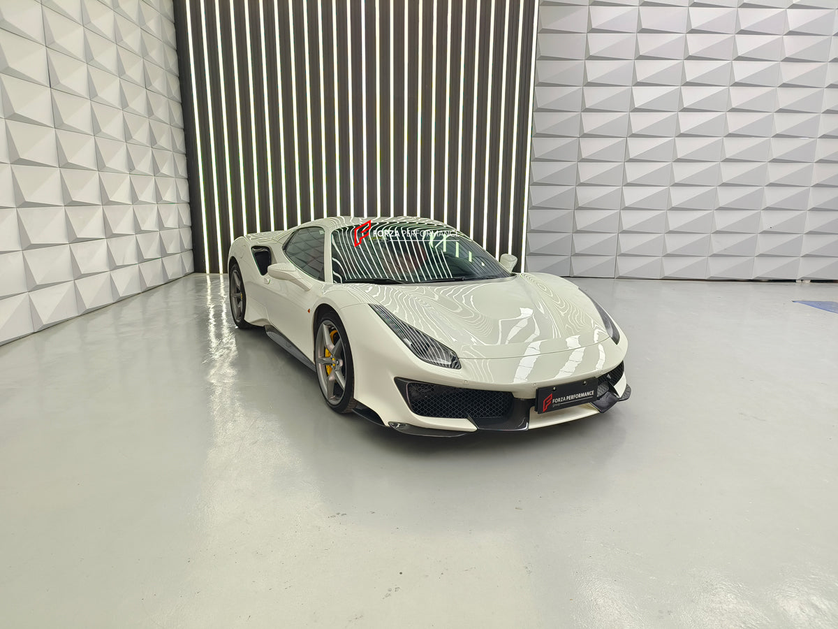 Conversion Body Kit Ferrari 488 Pista for Ferrari 488 2015+  Set includes:  Front bumper Carbon front lip Carbon hood/bonnet Carbon side skirts add-ons Rear bumper Carbon rear diffuser Rear decklid spoiler