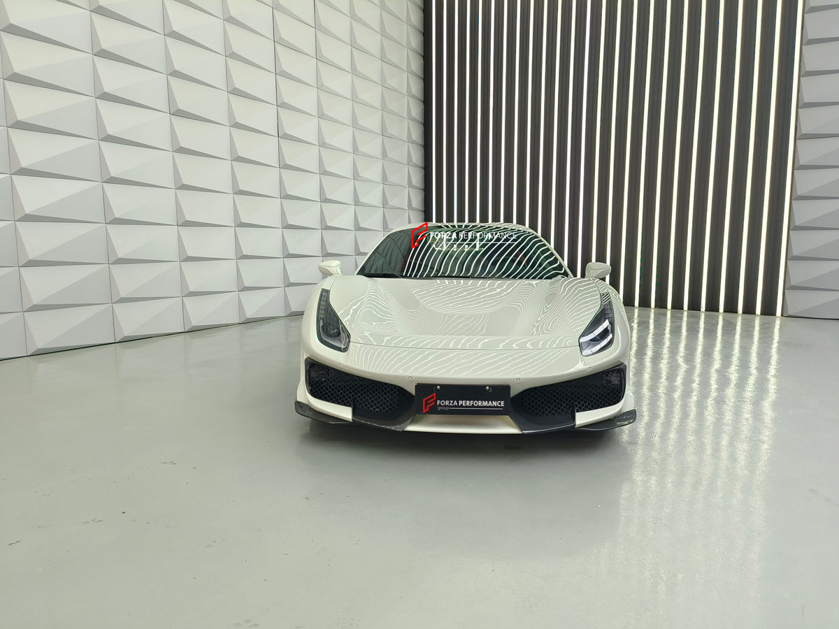 Conversion Body Kit Ferrari 488 Pista for Ferrari 488 2015+  Set includes:  Front bumper Carbon front lip Carbon hood/bonnet Carbon side skirts add-ons Rear bumper Carbon rear diffuser Rear decklid spoiler