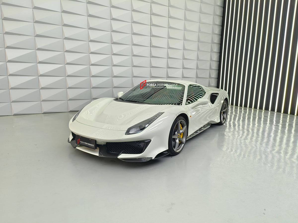 Conversion Body Kit Ferrari 488 Pista for Ferrari 488 2015+  Set includes:  Front bumper Carbon front lip Carbon hood/bonnet Carbon side skirts add-ons Rear bumper Carbon rear diffuser Rear decklid spoiler