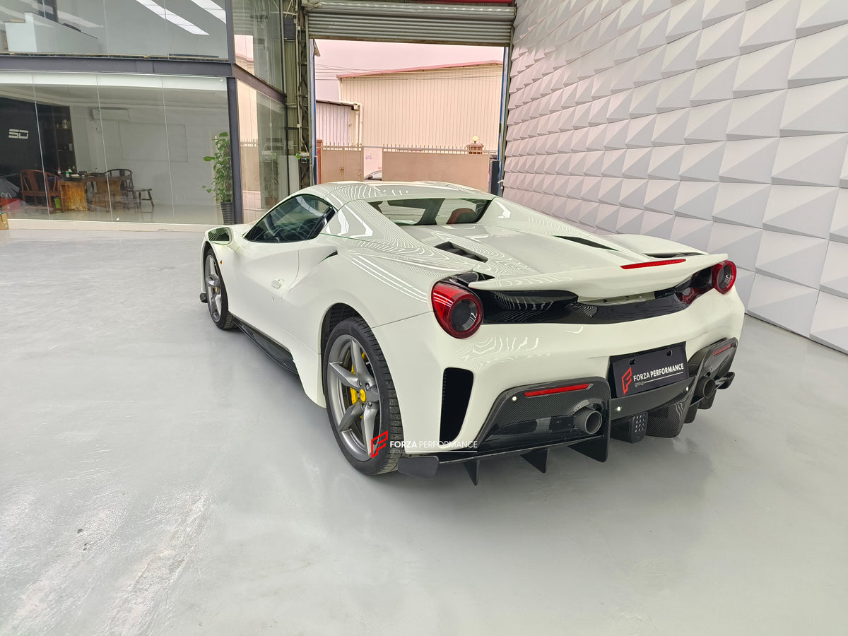 Conversion Body Kit Ferrari 488 Pista for Ferrari 488 2015+  Set includes:  Front bumper Carbon front lip Carbon hood/bonnet Carbon side skirts add-ons Rear bumper Carbon rear diffuser Rear decklid spoiler