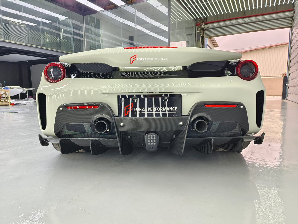 Conversion Body Kit Ferrari 488 Pista for Ferrari 488 2015+  Set includes:  Front bumper Carbon front lip Carbon hood/bonnet Carbon side skirts add-ons Rear bumper Carbon rear diffuser Rear decklid spoiler