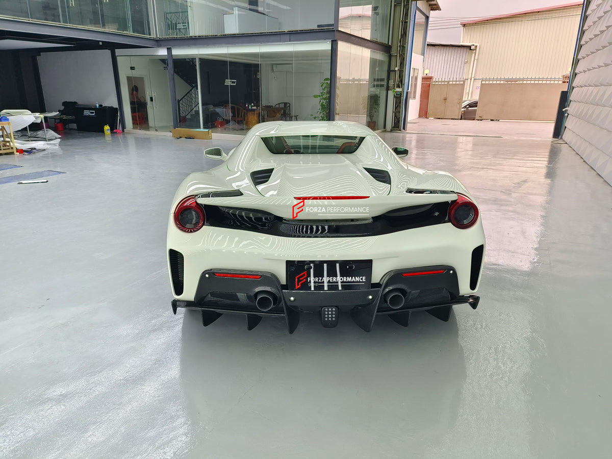 Conversion Body Kit Ferrari 488 Pista for Ferrari 488 2015+  Set includes:  Front bumper Carbon front lip Carbon hood/bonnet Carbon side skirts add-ons Rear bumper Carbon rear diffuser Rear decklid spoiler