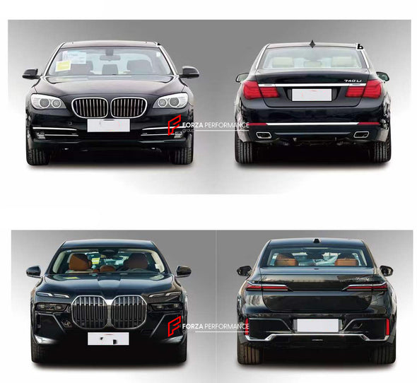 CONVERSION BODY KIT for BMW 7-SERIES F02 2008 - 2015 UPGRADE to G70 2023  Set includes:  Front Bumper Rear Bumper Front Grille Rear Doors Exhaust Tips Fender Flares Hood Headlights Tail Lights Rear Diffuser Trunk