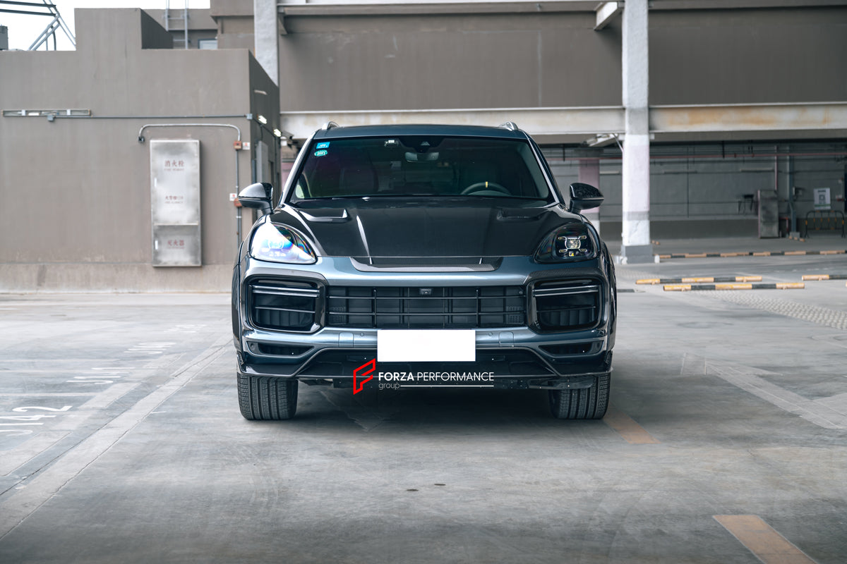 WIDE CARBON BODY KIT for PORSCHE CAYENNE III 9Y0 2018+  Set includes:  Front Lip Hood Side Skirts Side Vents Rear Roof Spoiler Rear Middle Spoiler Rear Diffuser Exhaust Tips Mirror Covers