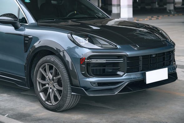 WIDE CARBON BODY KIT for PORSCHE CAYENNE III 9Y0 2018+  Set includes:  Front Lip Hood Side Skirts Side Vents Rear Roof Spoiler Rear Middle Spoiler Rear Diffuser Exhaust Tips Mirror Covers