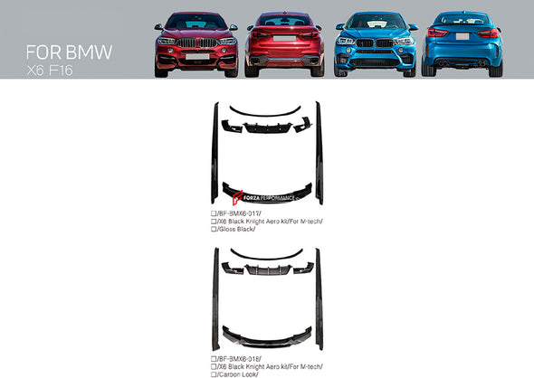AERO KIT for BMW X6 F16 2014 - 2019 BLACK KNIGHT STYLE

Set includes:

Front Lip
Side Skirts
Rear Spoiler
Rear Diffuser

Material: Plastic

Each part of this kit can be sent separately. Please contact us if you need a specific part.

NOTE:&nbsp;Professional installation is required

Payment ►
Visa

Mastercard

PayPal with a credit card (add 4.4% at checkout)
Payoneer
Cryptocurrency
Shipment ►
By express DHL/UPS/TNT/FedEx
To the local international airport
Special line by air
Special line by the sea
To Europ