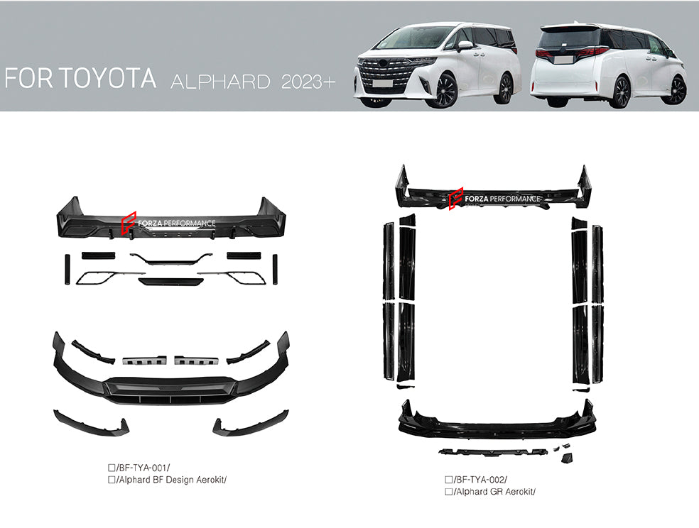 AERO KIT for TOYOTA ALPHARD AH40 2023+
BF design aero kit includes: 
Front Lip
Rear Diffuser
GR aero kit includes:
Front Lip
Side Skirts
Rear Diffuser
Material: Plastic
Note: Professional installation is required.
Contact us for pricing.
Payment ►
Visa
Mastercard
PayPal with a credit card (add 4.4% at checkout)
Payoneer
Cryptocurrency
Shipment ►
By express DHL/UPS/TNT/FedEx
To the local international airport
Special line by air
Special line by the sea
To Europe and the UK by train
Please l