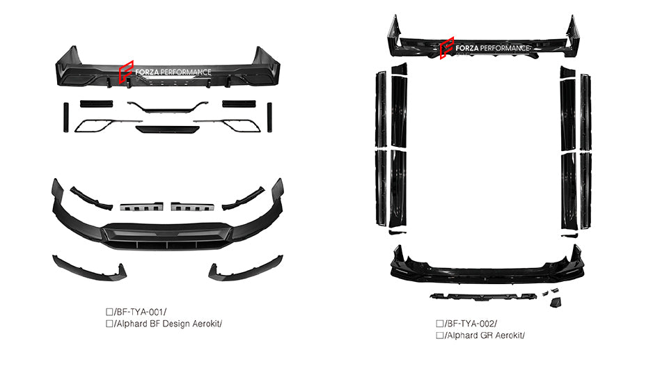 AERO KIT for TOYOTA ALPHARD AH40 2023+
BF design aero kit includes: 
Front Lip
Rear Diffuser
GR aero kit includes:
Front Lip
Side Skirts
Rear Diffuser
Material: Plastic
Note: Professional installation is required.
Contact us for pricing.
Payment ►
Visa
Mastercard
PayPal with a credit card (add 4.4% at checkout)
Payoneer
Cryptocurrency
Shipment ►
By express DHL/UPS/TNT/FedEx
To the local international airport
Special line by air
Special line by the sea
To Europe and the UK by train
Please l
