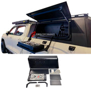 ALUMINIUM CANOPY SIDE KITCHEN for DODGE RAM FORD F-150 GMC SIERRA TOYOTA TUNDRA CHEVROLET SILVERADO Forza Performance Custom fit
Set includes:

Canopy Side Kitchen
Material: Aluminium

NOTE: Professional installation is required.