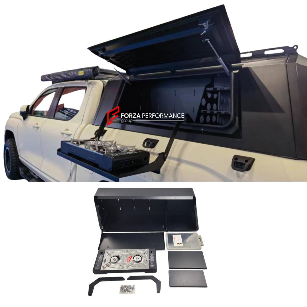 ALUMINIUM CANOPY SIDE KITCHEN for DODGE RAM FORD F-150 GMC SIERRA TOYOTA TUNDRA CHEVROLET SILVERADO Forza Performance Custom fit
Set includes:

Canopy Side Kitchen
Material: Aluminium

NOTE: Professional installation is required.