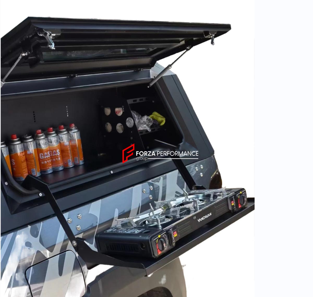 ALUMINIUM CANOPY SIDE KITCHEN for DODGE RAM FORD F-150 GMC SIERRA TOYOTA TUNDRA CHEVROLET SILVERADO Forza Performance Custom fit
Set includes:

Canopy Side Kitchen
Material: Aluminium

NOTE: Professional installation is required.