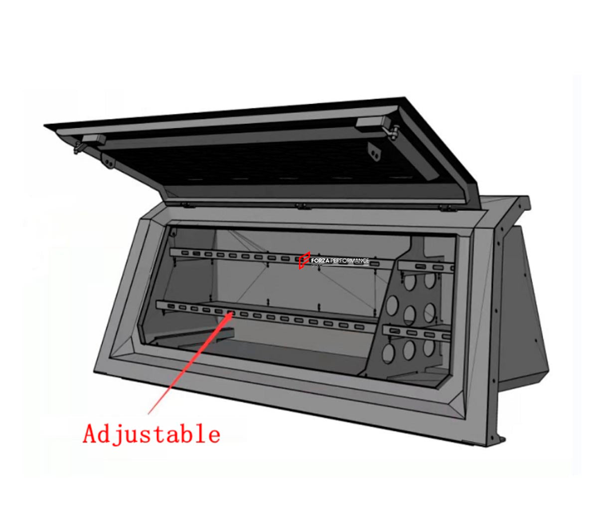 ALUMINIUM CANOPY SIDE TOOL BOX for CHEVROLET SILVERADO DODGE RAM 1500 FORD F-150 GMC SIERRA 1500 NISSAN TITAN TOYOTA TUNDRA Forza Performance Custom fit
Set includes:

Canopy Side Tool Box
Material: Aluminium

NOTE: Professional installation is required.