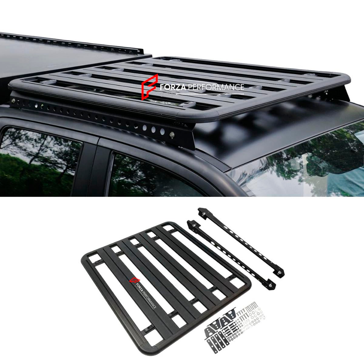 ALUMINIUM ROOF RACK for FORD F-150 Forza Performance Custom fit
Set includes:

Roof Rack
Material: Aluminium

NOTE: Professional installation is required.