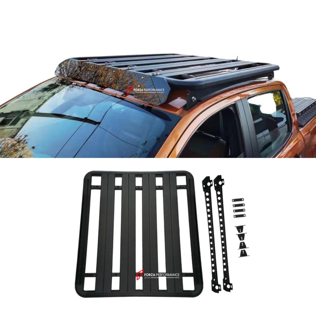 ALUMINIUM ROOF RACK for FORD RANGER Forza Performance Custom fit
Set includes:

Roof Rack
Material: Aluminium

NOTE: Professional installation is required.