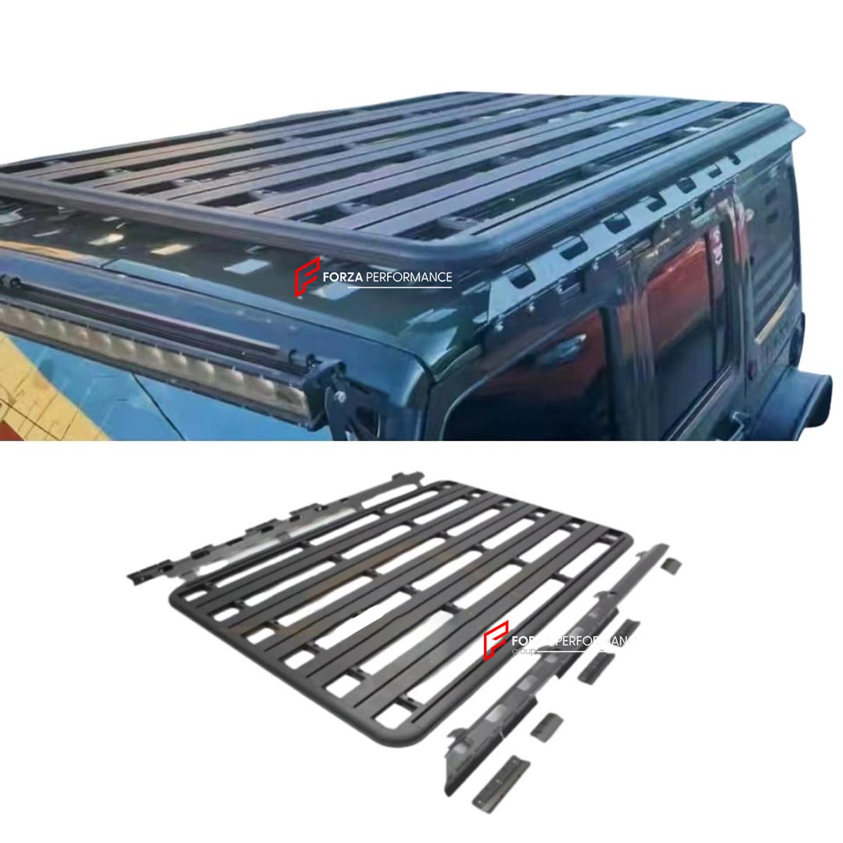 ALUMINIUM ROOF RACK for JEEP WRANGLER 2008 - 2018 Forza Performance Custom fit
Set includes:

Roof Rack
Material: Aluminium

NOTE: Professional installation is required.