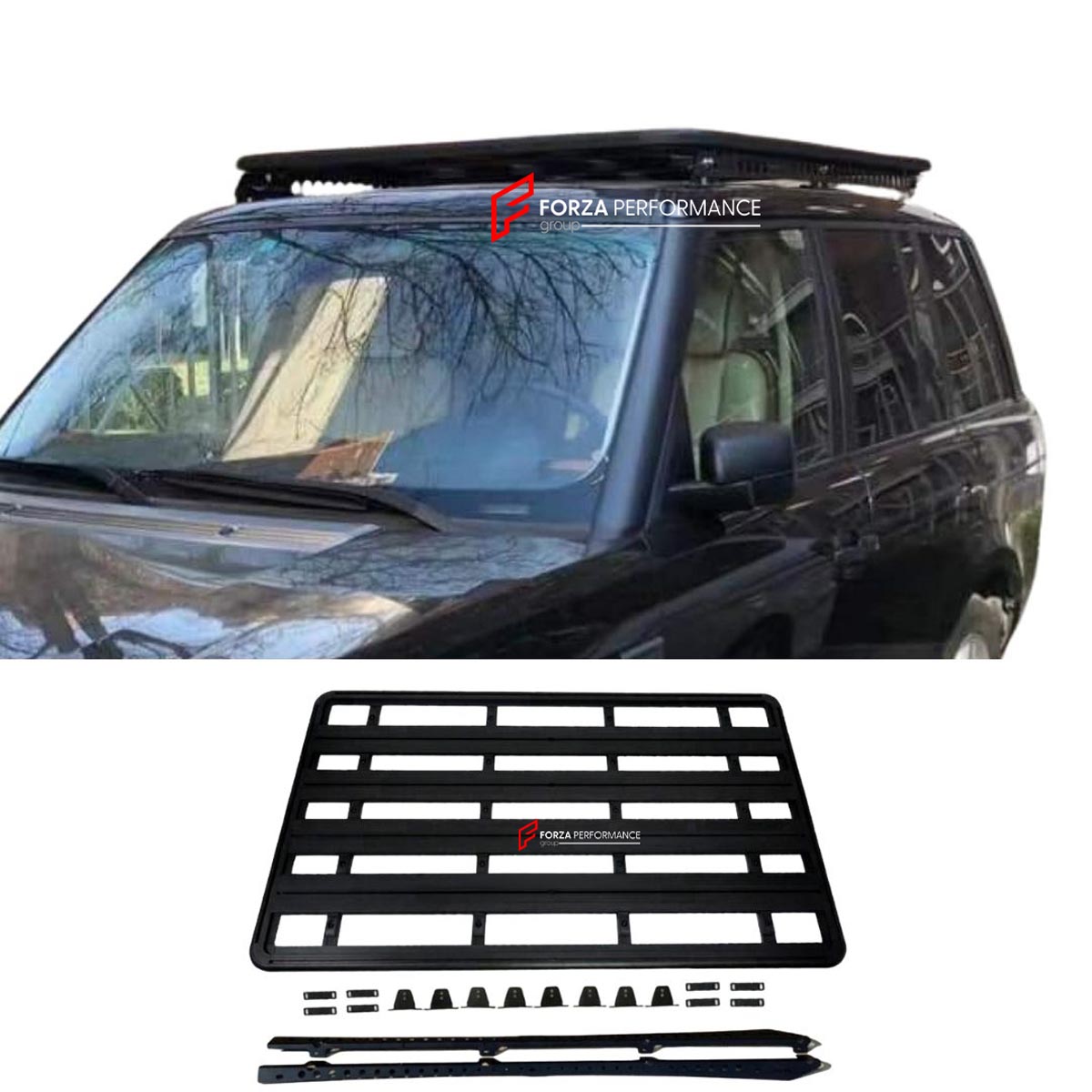 ALUMINIUM ROOF RACK for LAND ROVER RANGE ROVER 2002 - 2012 Forza Performance Custom fit
Set includes:

Roof Rack
Material: Aluminium

NOTE: Professional installation is required.