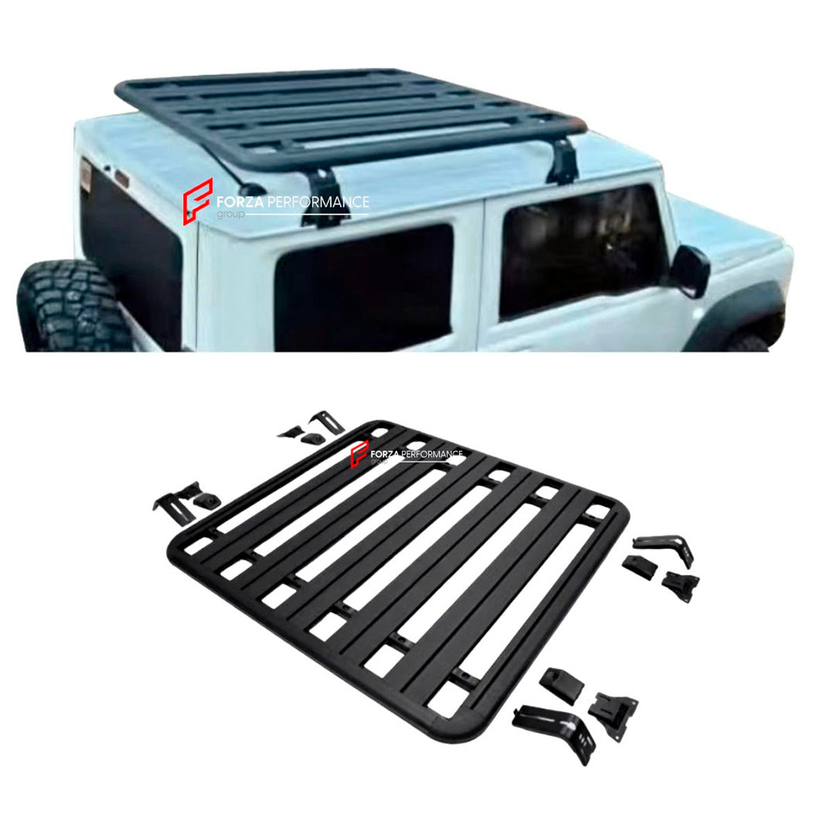 ALUMINIUM ROOF RACK for SUZUKI JIMNY 3 DOOR Forza Performance Custom fit
Set includes:

Roof Rack
Material: Aluminium

NOTE: Professional installation is required.