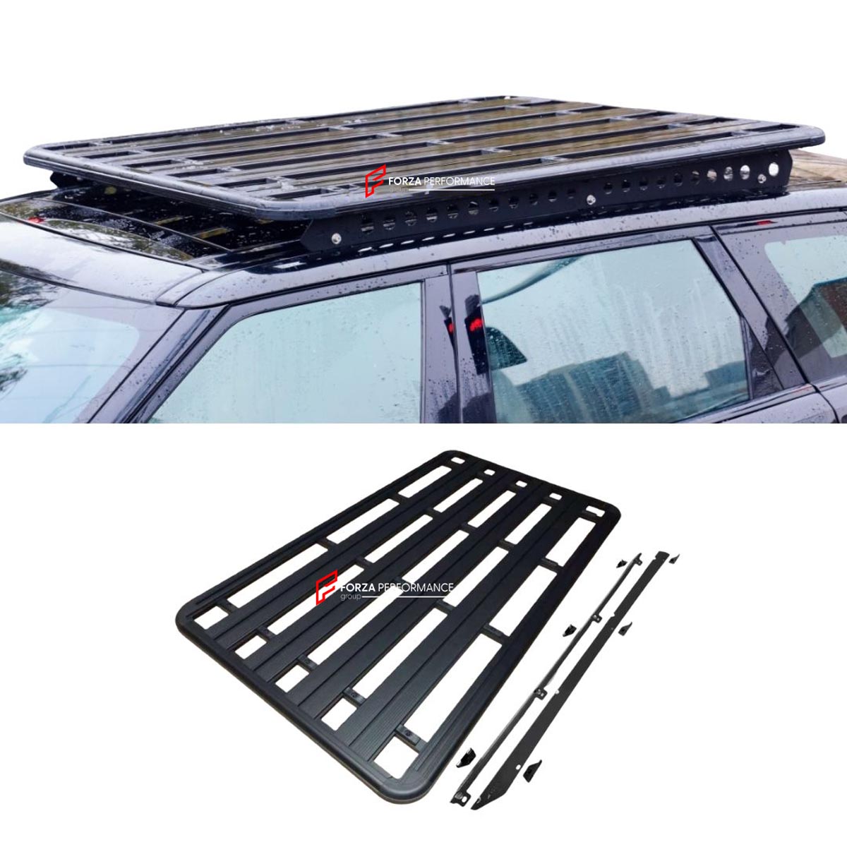 ALUMINIUM ROOF RACK WITH SIDE RAILS for LAND ROVER RANGE ROVER RANGE ROVER SPORT Forza Performance Custom fit
Set includes:

Roof Rack
Side Rails
Material: Aluminium

NOTE: Professional installation is required.