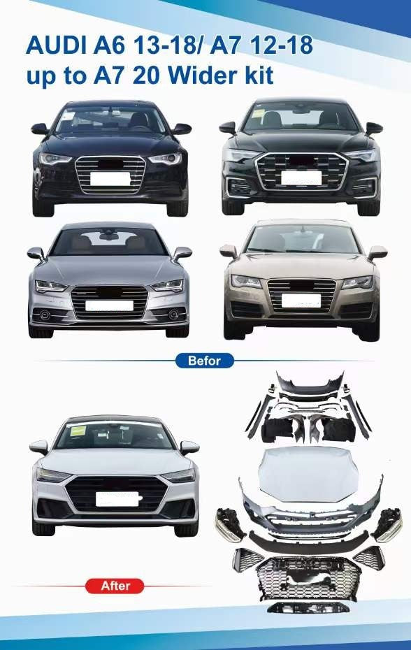 CONVERSION BODY KIT for AUDI A7 2014 - 2018 to RS7 C8 2019+  Set includes:  Front Bumper Front Hood Front Grille Side Fenders Side Skirts Rear Bumper with Diffuser Exhaust Tips