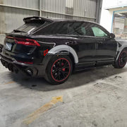 WIDE DRY CARBON BODY KIT FOR AUDI Q8 | RSQ8 4M 2019+   Set include:  Front Bumper Assembly Front Bumper Canards Hood/Bonnet Front Fenders Fender Flares Side Skirts Rear Roof Spoiler Trunk Wing Spoiler Exhaust system Rear Bumper Rear Diffuser