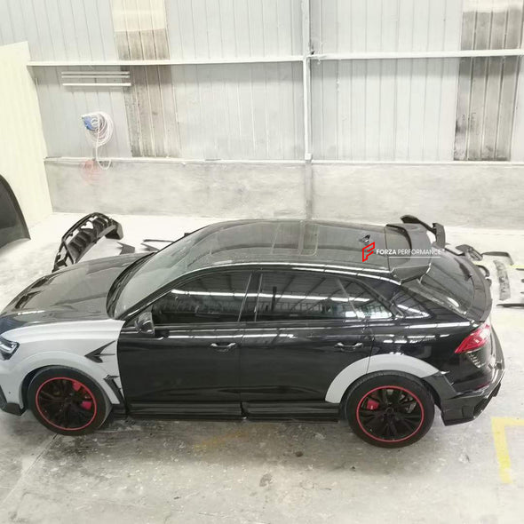 WIDE DRY CARBON BODY KIT FOR AUDI Q8 | RSQ8 4M 2019+   Set include:  Front Bumper Assembly Front Bumper Canards Hood/Bonnet Front Fenders Fender Flares Side Skirts Rear Roof Spoiler Trunk Wing Spoiler Exhaust system Rear Bumper Rear Diffuser