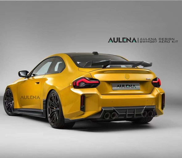 Aulena Design Carbon Aero Kit for BMW M2 G87 2022+

Set includes: 

Front Lip 
Front Bumper Canards
Hood
Side Skirts
Rear Spoiler
Rear Diffuser 
Material: Real Carbon Fiber