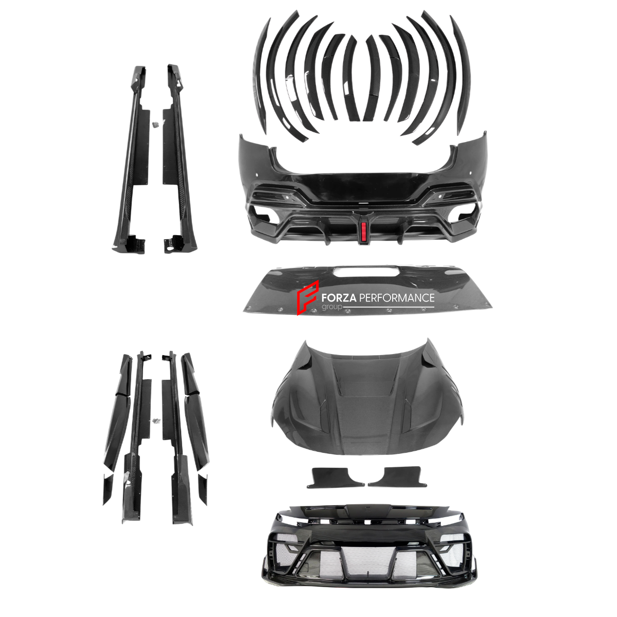 Set includes:

Front Bumper
Hood / Bonnet
Side Skirts
Fender Flares
Rear Bumper
Material: Carbon

NOTE: Professional installation is required.