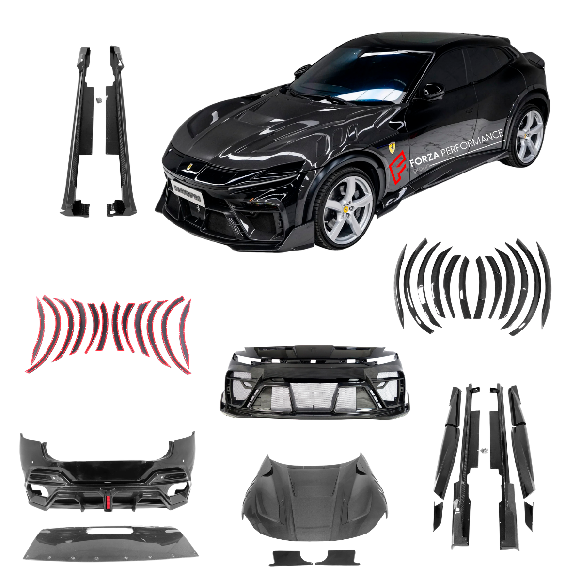 Set includes:

Front Bumper
Hood / Bonnet
Side Skirts
Fender Flares
Rear Bumper
Material: Carbon

NOTE: Professional installation is required.