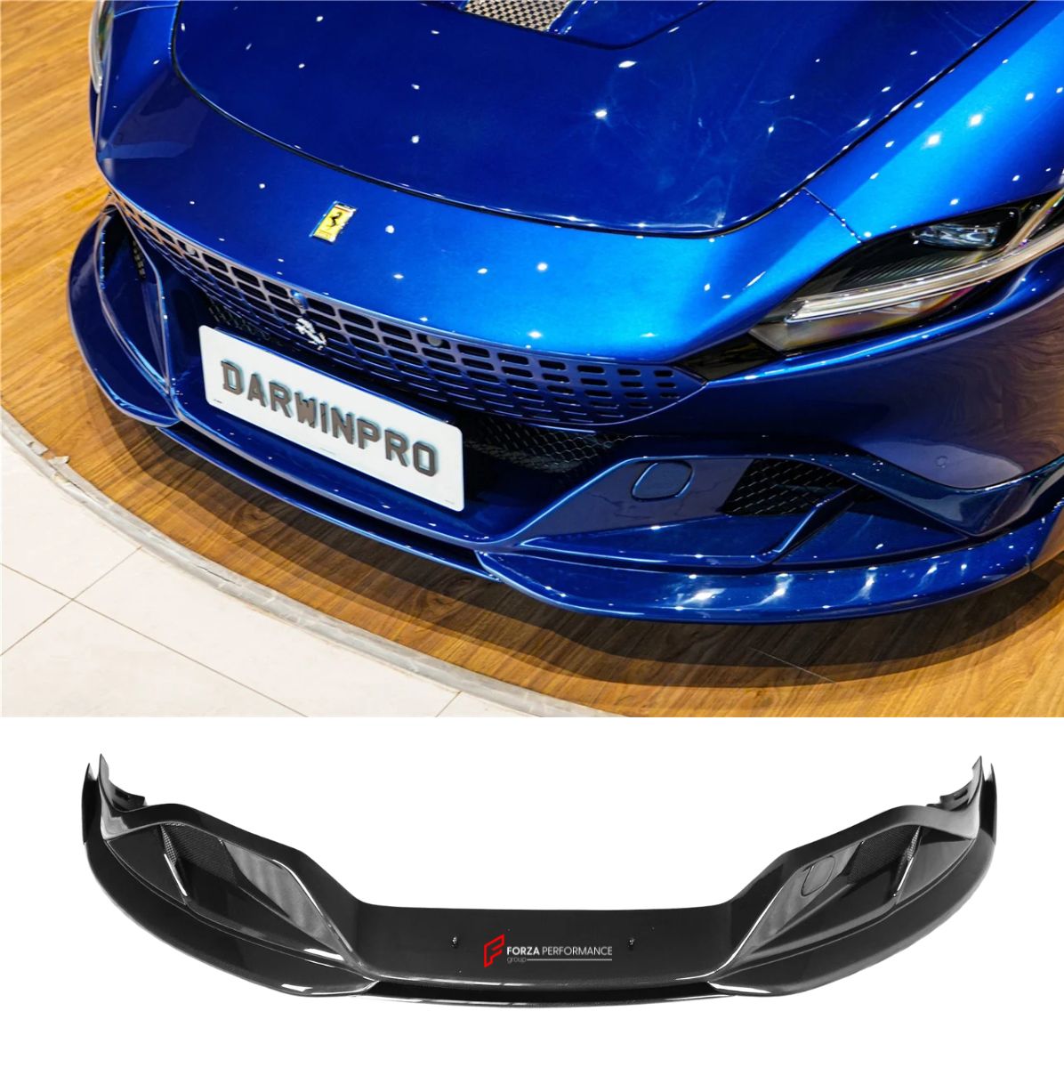 AUTHENTIC DARWINPRO CARBON FRONT LIP SPLITTER for FERRARI ROMA 2020+ Forza Performance Custom fit BKSS Style
Set includes:

Front Lip Splitter
Material: Carbon (Can be made in Forged Carbon or Dry Carbon)

NOTE: Professional installation is required.