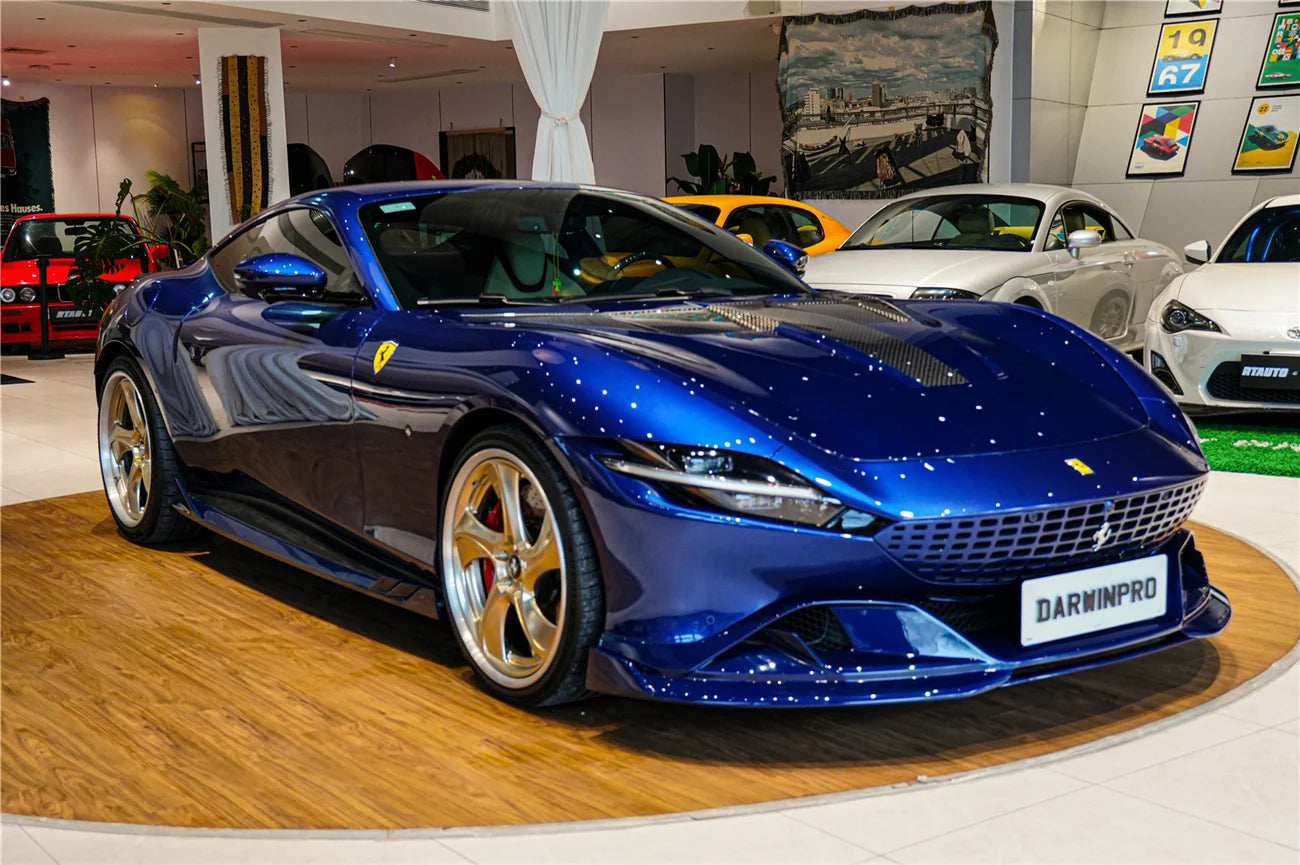 AUTHENTIC DARWINPRO CARBON FRONT LIP SPLITTER for FERRARI ROMA 2020+ Forza Performance Custom fit BKSS Style
Set includes:

Front Lip Splitter
Material: Carbon (Can be made in Forged Carbon or Dry Carbon)

NOTE: Professional installation is required.