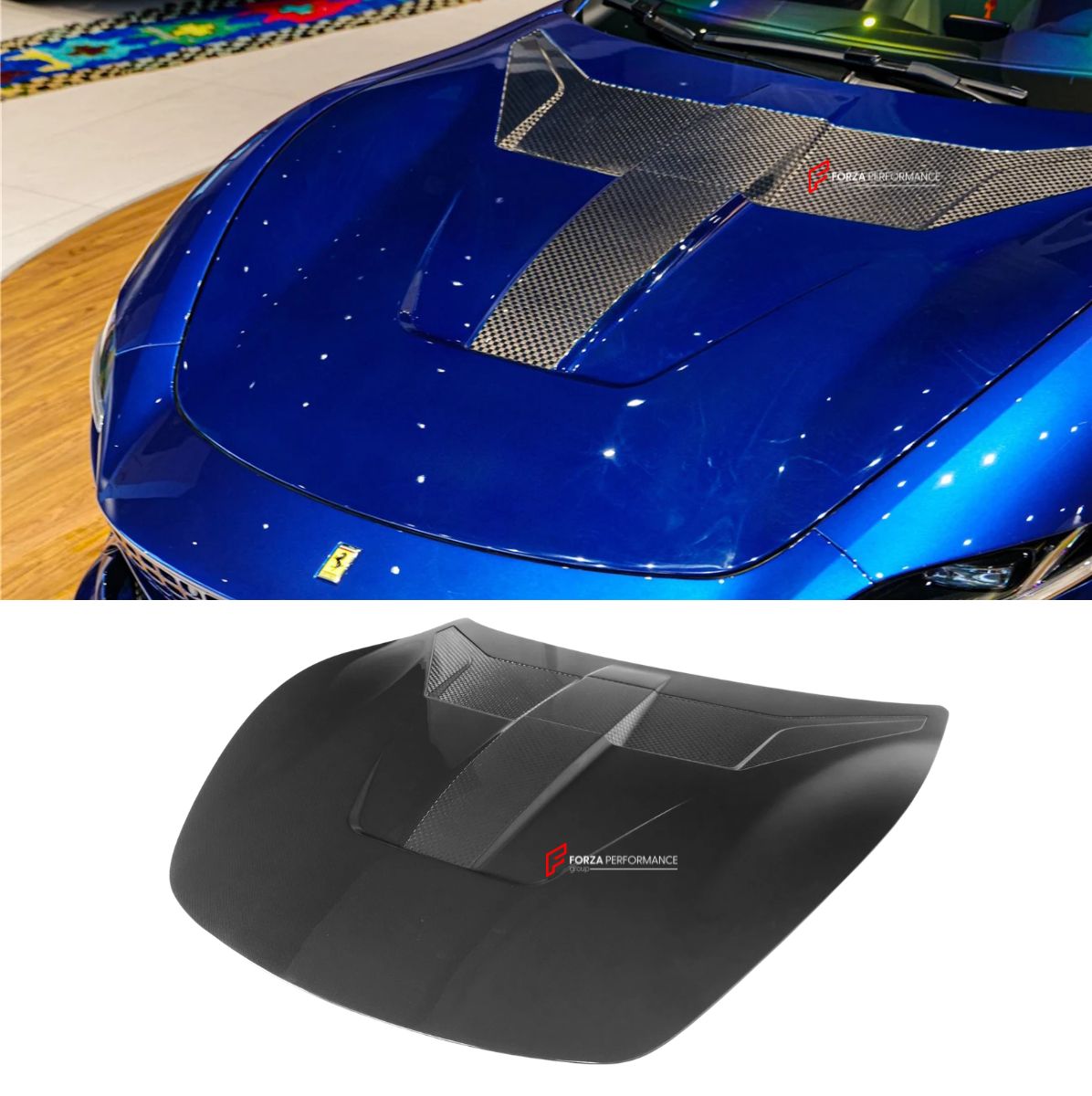 AUTHENTIC DARWINPRO CARBON HOOD BONNET for FERRARI ROMA 2020+ Forza Performance Custom fit BKSS Style
Set includes:

Hood Bonnet
Material: Carbon (Can be made in Forged Carbon or Dry Carbon)

NOTE: Professional installation is required.