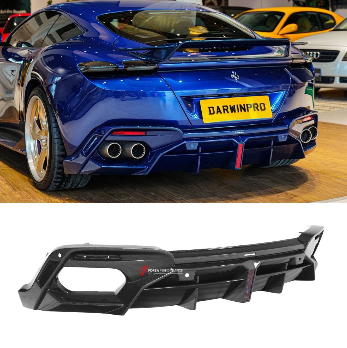 AUTHENTIC DARWINPRO CARBON REAR DIFFUSER for FERRARI ROMA 2020+ Forza Performance Custom fit BKSS Style
Set includes:

Rear Diffuser
Material: Carbon (Can be made in Forged Carbon or Dry Carbon)

NOTE: Professional installation is required.