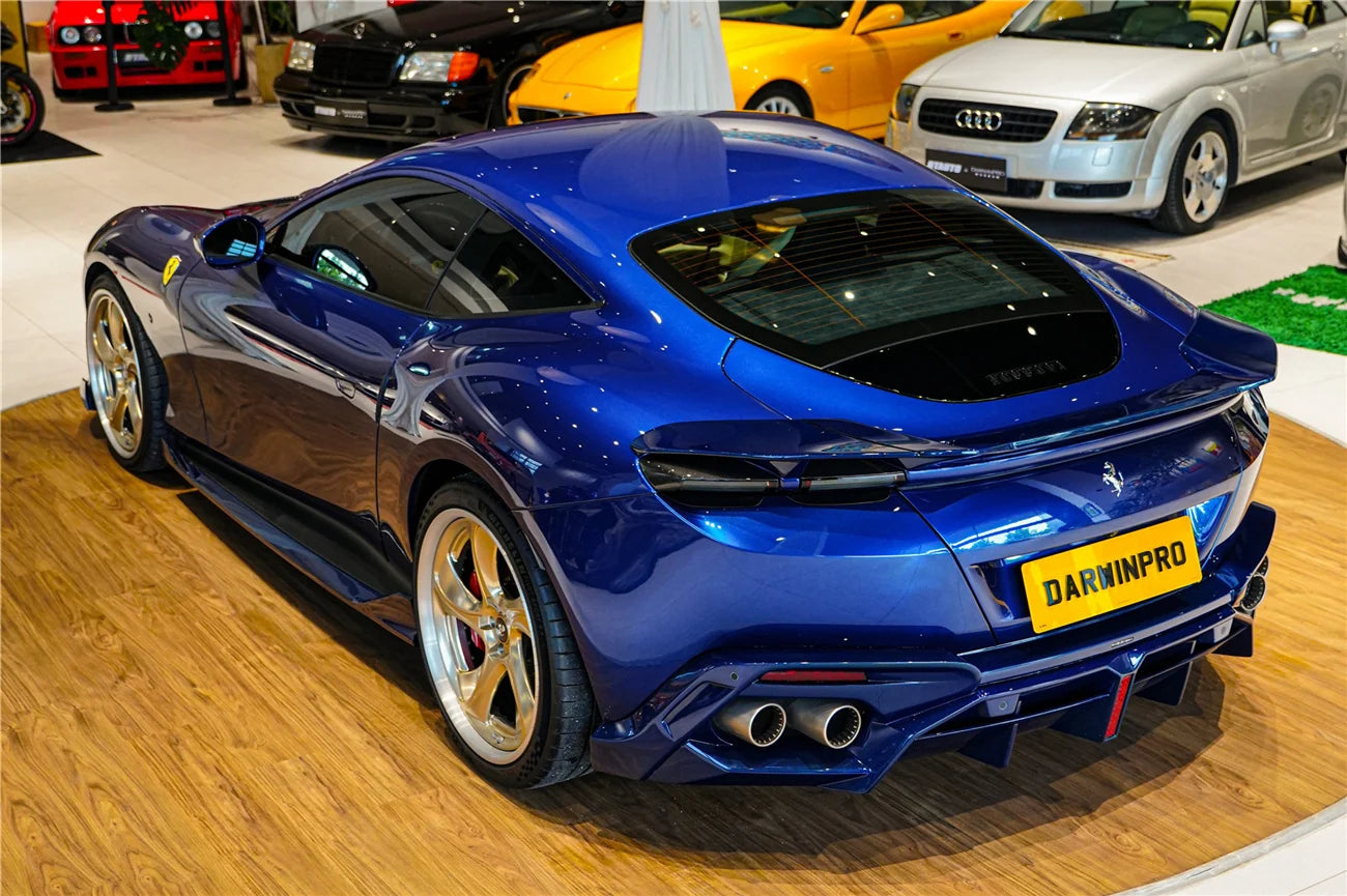 AUTHENTIC DARWINPRO CARBON REAR DIFFUSER for FERRARI ROMA 2020+ Forza Performance Custom fit BKSS Style
Set includes:

Rear Diffuser
Material: Carbon (Can be made in Forged Carbon or Dry Carbon)

NOTE: Professional installation is required.