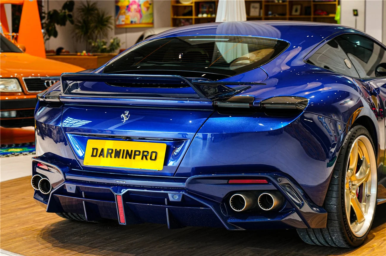AUTHENTIC DARWINPRO CARBON REAR WING SPOILER for FERRARI ROMA 2020+ Forza Performance Custom fit BKSS Style
Set includes:

Rear Wing Spoiler
Material: Carbon (Can be made in Forged Carbon or Dry Carbon)

NOTE: Professional installation is required.