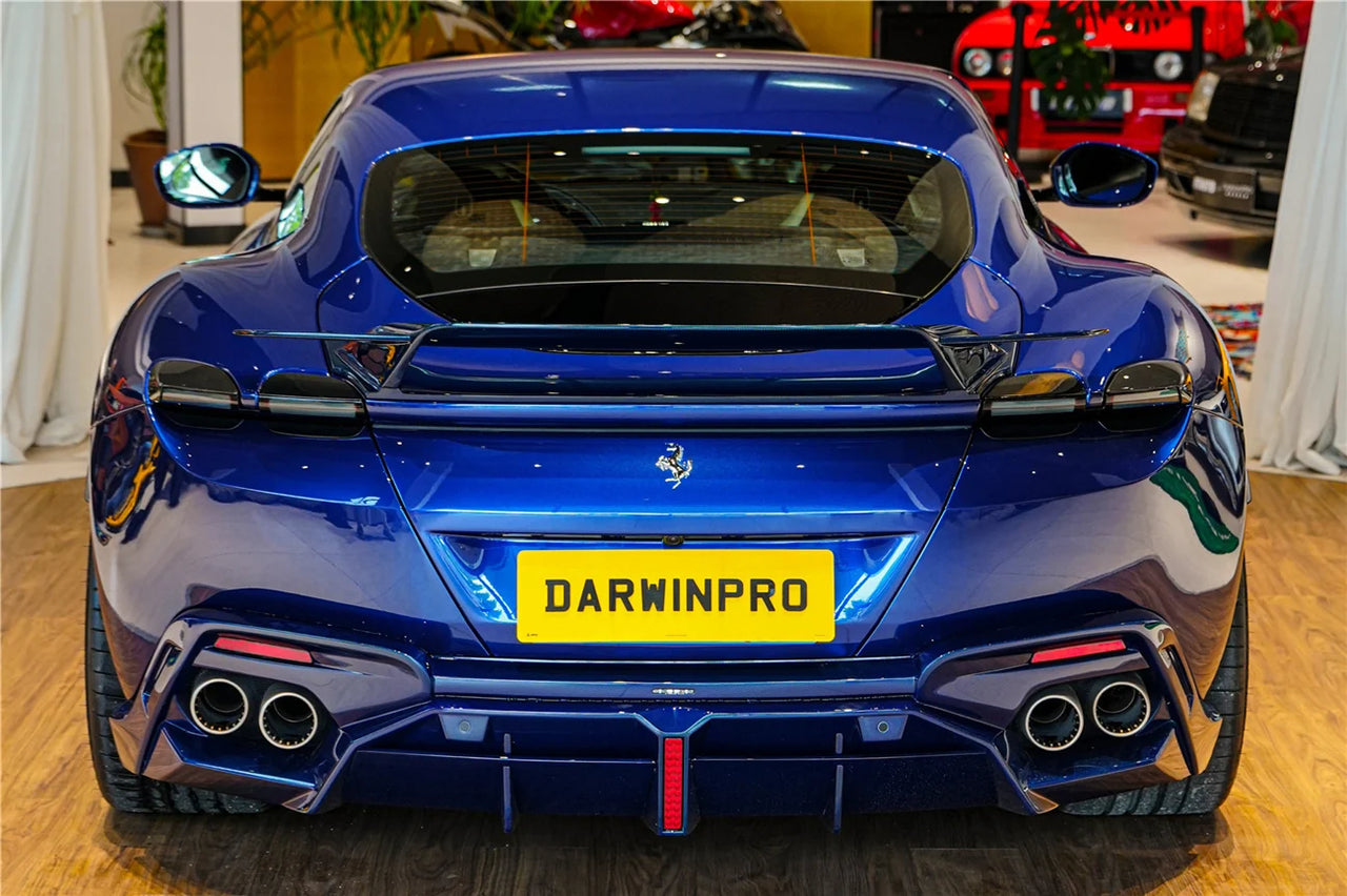 AUTHENTIC DARWINPRO CARBON REAR WING SPOILER for FERRARI ROMA 2020+ Forza Performance Custom fit BKSS Style
Set includes:

Rear Wing Spoiler
Material: Carbon (Can be made in Forged Carbon or Dry Carbon)

NOTE: Professional installation is required.