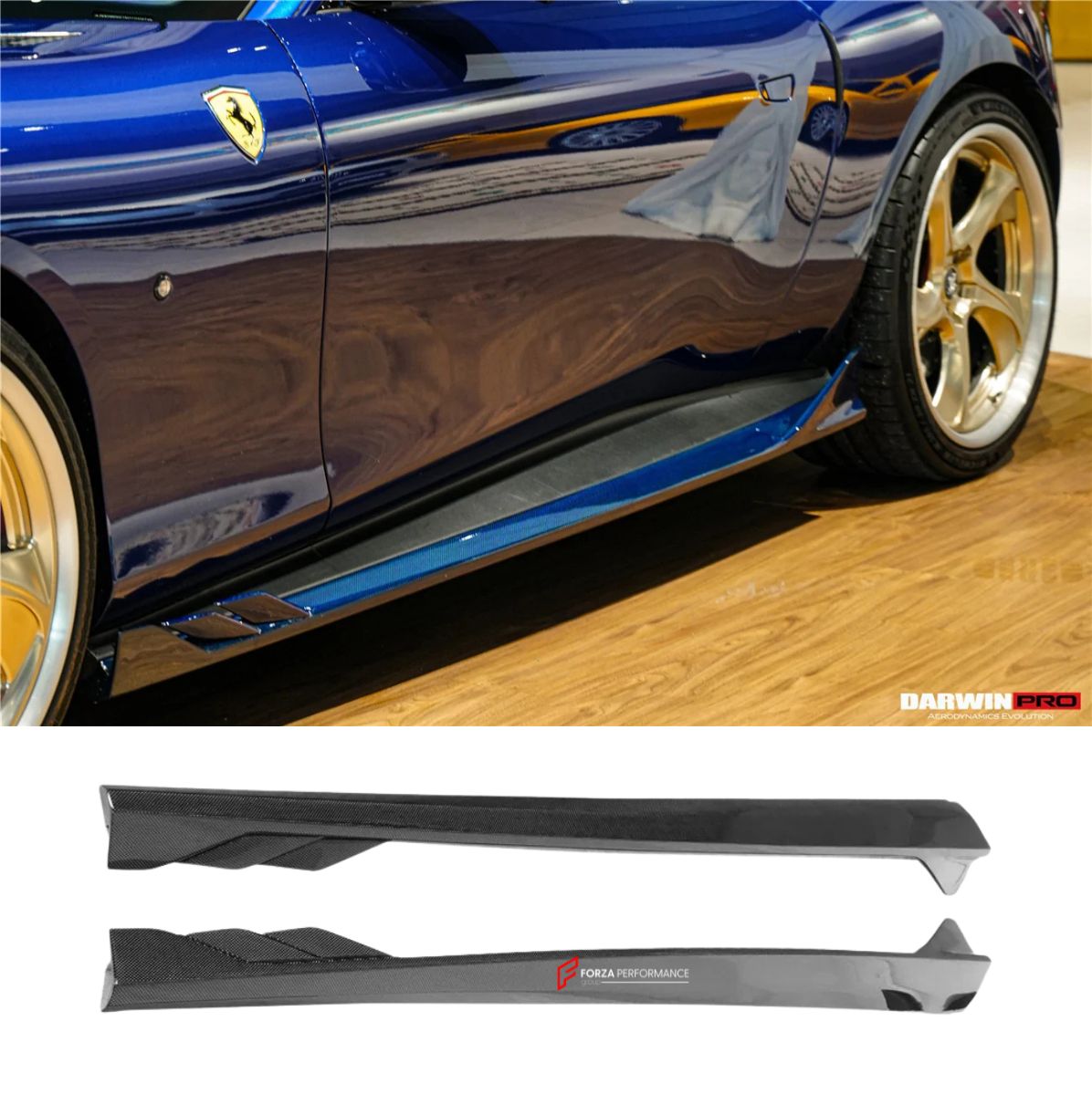 AUTHENTIC DARWINPRO CARBON SIDE SKIRTS for FERRARI ROMA 2020+ Forza Performance Custom fit BKSS Style
Set includes:

Side Skirts
Material: Carbon (Can be made in Forged Carbon or Dry Carbon)

NOTE: Professional installation is required.