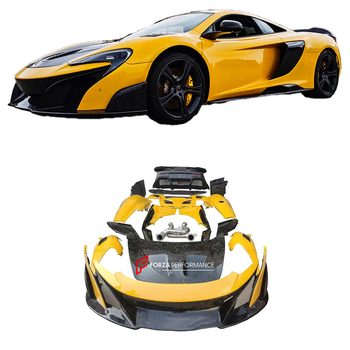 AUTHENTIC DARWINPRO DRY CARBON CONVERSION BODY KIT for MCLAREN 650S 625C MP4-12C 2011 - 2017 to 675LT

Set includes:

Side Skirts
Side Fenders
Rear Bumper
Engine Trunk
Rear Spoiler
Exhaust Tips
Material: Dry Carbon

Note: Professional installation is required