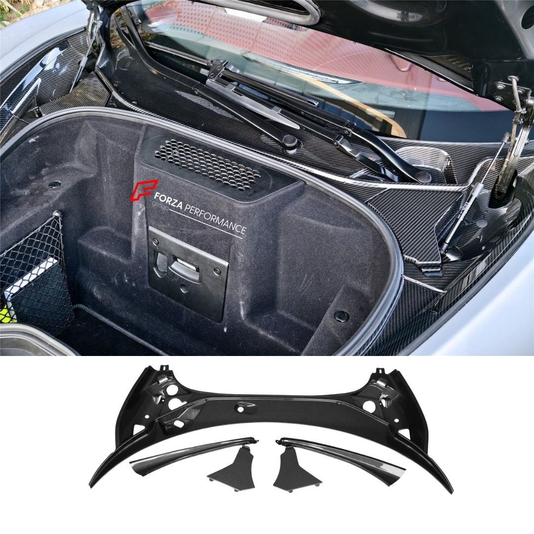 AUTHENTIC DARWINPRO DRY CARBON FRONT TRUNK OPENING SURROUND TRIM SET for MCLAREN 540C 570S 570GT 600LT 2015 - 2021
Set includes:

Front Trunk Opening Surround Trim Set (5pcs)
Material: Dry Carbon

NOTE: Professional installation is required