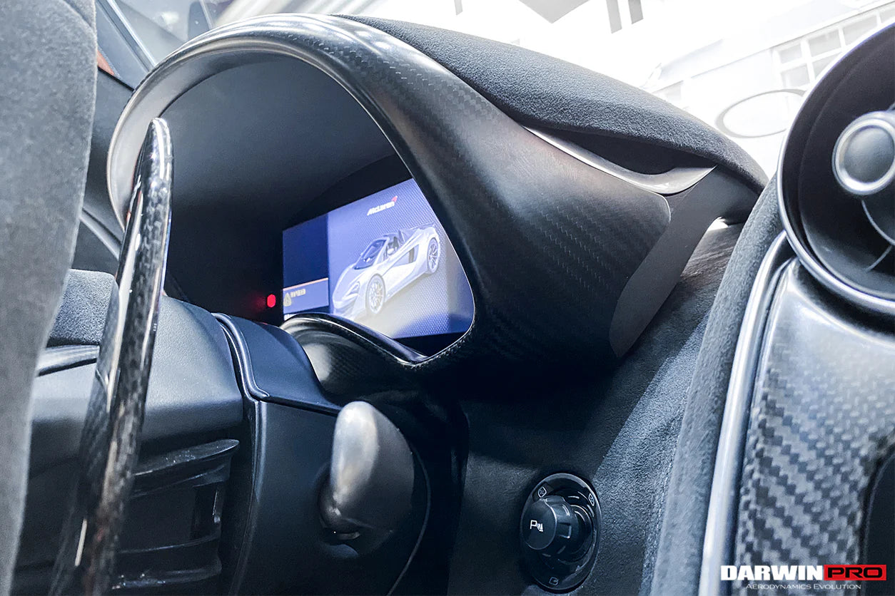 AUTHENTIC DARWINPRO DRY CARBON INSTRUMENT SURROUND PANEL COVER for MCLAREN 540C 570S 570GT 600LT 2015 - 2021
Set includes:

Instrument Surround Panel Cover
Material: Dry Carbon

NOTE: Professional installation is required