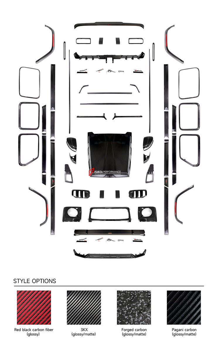 AUTHENTIC ROWEN CARBON BODY KIT for MERCEDES BENZ G CLASS AMG G63 W465 2024+

Set includes:

Front Lip

Front Bumper Air Vents Cover
Front Bumper Trims
Headlights Cover
Grille Cover
Turning Lights Cover
Hood Scoop
Roof Light
Roof Strip Trims
Door Window Frame
Side Mirrors Cover
Side Molding Trims
Door Panels
Fender Flares
Rear Spoiler
Rear Bumper Trims&nbsp;
Taillights Trims
Rear Diffuser

Material: Carbon Fiber