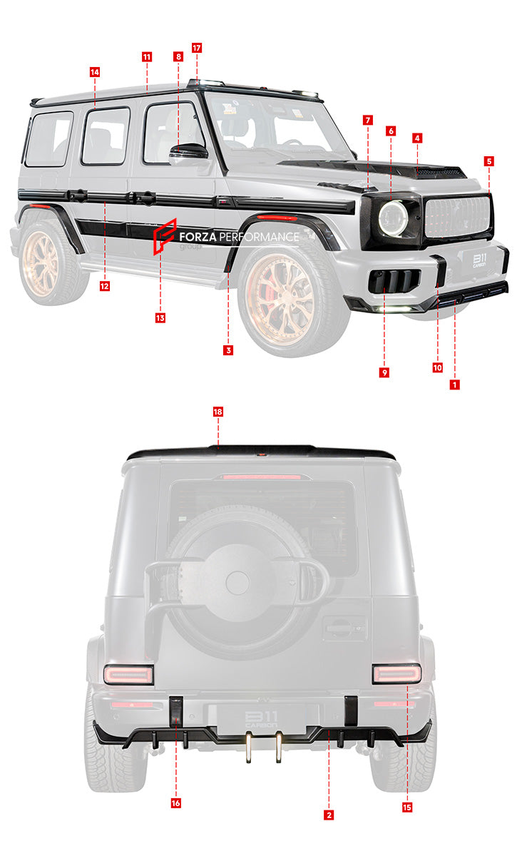 AUTHENTIC ROWEN CARBON BODY KIT for MERCEDES BENZ G CLASS AMG G63 W465 2024+

Set includes:

Front Lip

Front Bumper Air Vents Cover
Front Bumper Trims
Headlights Cover
Grille Cover
Turning Lights Cover
Hood Scoop
Roof Light
Roof Strip Trims
Door Window Frame
Side Mirrors Cover
Side Molding Trims
Door Panels
Fender Flares
Rear Spoiler
Rear Bumper Trims&nbsp;
Taillights Trims
Rear Diffuser

Material: Carbon Fiber