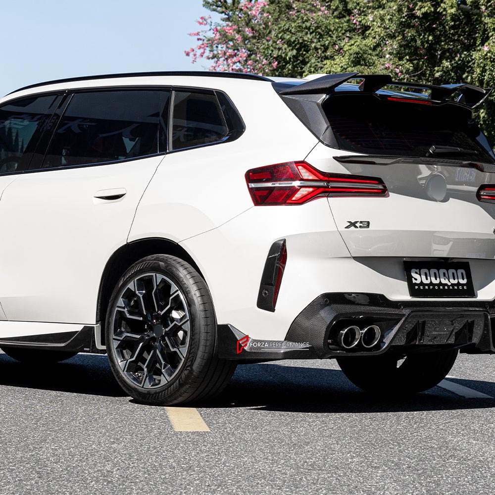 AUTHENTIC SOOQOO CARBON BODY KIT for BMW X3 G45 2025+
Set includes:

Front Lip
Side Skirts
Rear Roof Spoiler
Trunk Lip Spoiler
Rear Window Fins
Rear Bumper Trims
Rear Diffuser
Material: Prepreg Carbon

NOTE: Professional installation is required