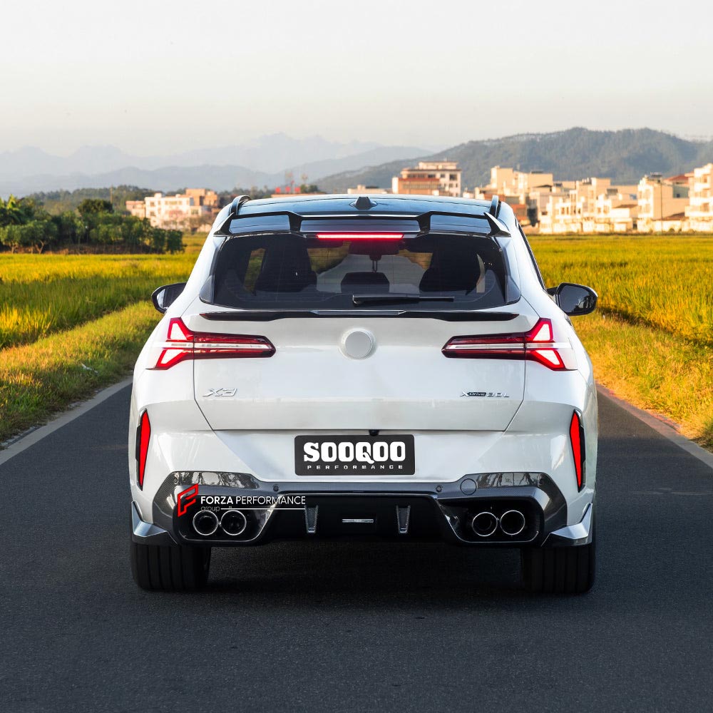 AUTHENTIC SOOQOO CARBON BODY KIT for BMW X3 G45 2025+
Set includes:

Front Lip
Side Skirts
Rear Roof Spoiler
Trunk Lip Spoiler
Rear Window Fins
Rear Bumper Trims
Rear Diffuser
Material: Prepreg Carbon

NOTE: Professional installation is required