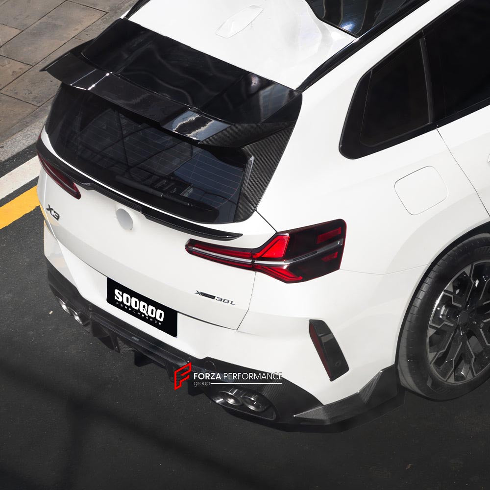 AUTHENTIC SOOQOO CARBON BODY KIT for BMW X3 G45 2025+
Set includes:

Front Lip
Side Skirts
Rear Roof Spoiler
Trunk Lip Spoiler
Rear Window Fins
Rear Bumper Trims
Rear Diffuser
Material: Prepreg Carbon

NOTE: Professional installation is required