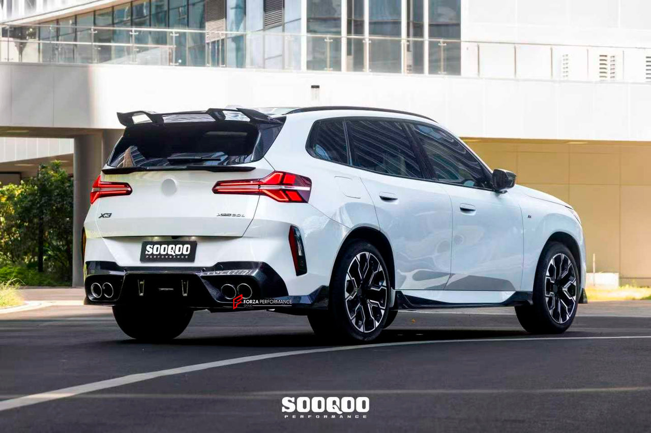 AUTHENTIC SOOQOO CARBON BODY KIT for BMW X3 G45 2025+
Set includes:

Front Lip
Side Skirts
Rear Roof Spoiler
Trunk Lip Spoiler
Rear Window Fins
Rear Bumper Trims
Rear Diffuser
Material: Prepreg Carbon

NOTE: Professional installation is required