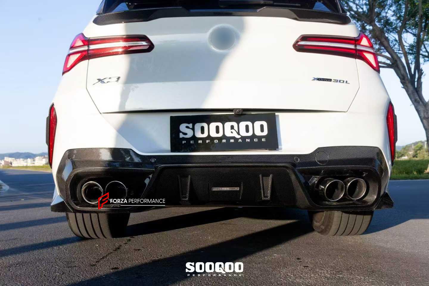 AUTHENTIC SOOQOO CARBON BODY KIT for BMW X3 G45 2025+
Set includes:

Front Lip
Side Skirts
Rear Roof Spoiler
Trunk Lip Spoiler
Rear Window Fins
Rear Bumper Trims
Rear Diffuser
Material: Prepreg Carbon

NOTE: Professional installation is required