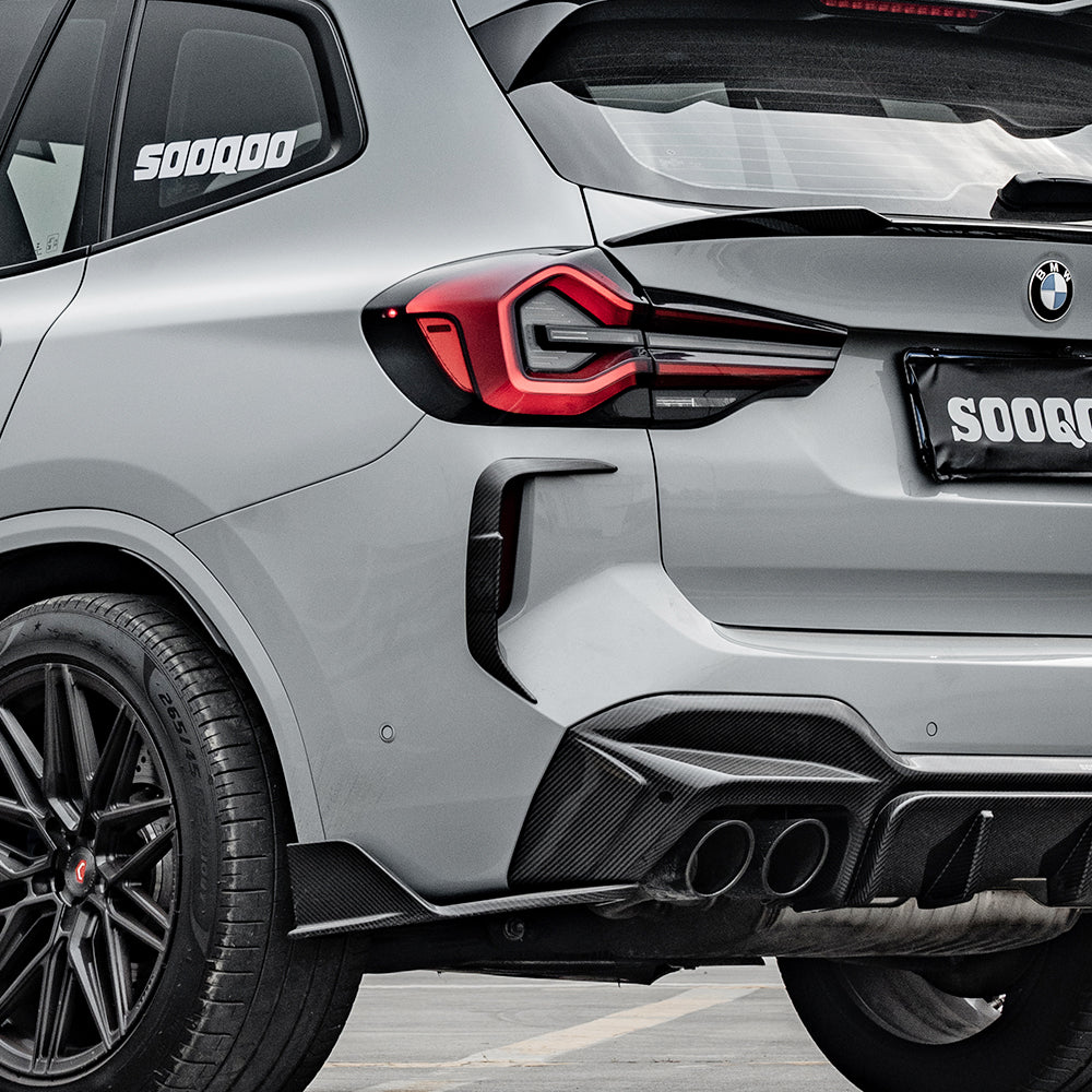 AUTHENTIC SOOQOO CARBON REAR BUMPER CANARDS for BMW X3M F97 LCI 2022+

Set includes:

Rear Bumper Canards

Material: Carbon

Note: Professional installation is required
